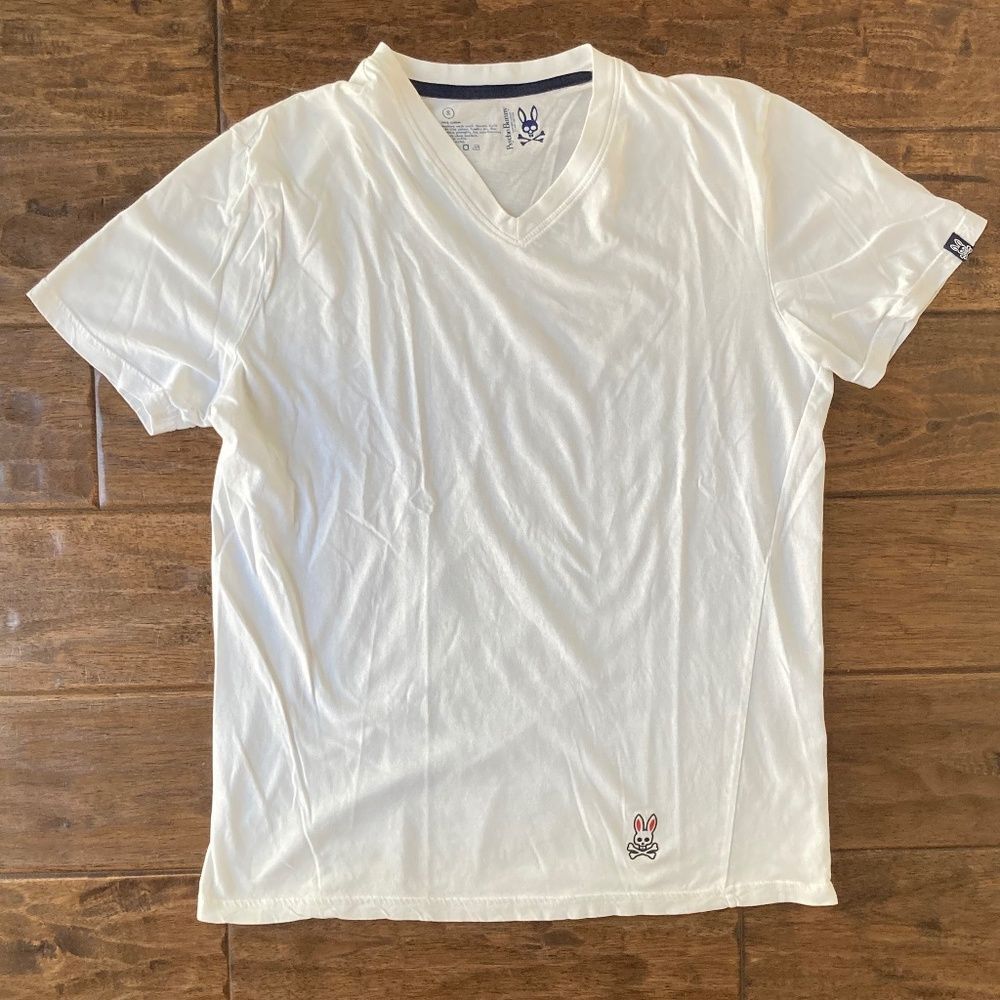 Psycho Bunny Shirt Mens Small White Short Sleeve V Neck Logo Classic 100% Cotton